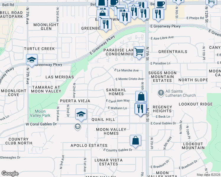 map of restaurants, bars, coffee shops, grocery stores, and more near 215 East Marconi Avenue in Phoenix