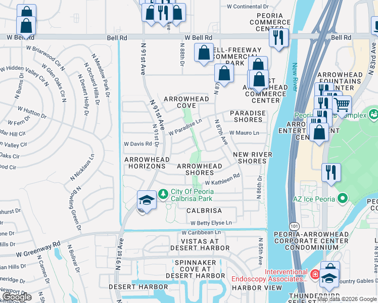 map of restaurants, bars, coffee shops, grocery stores, and more near 8930 West Lockland Court in Peoria