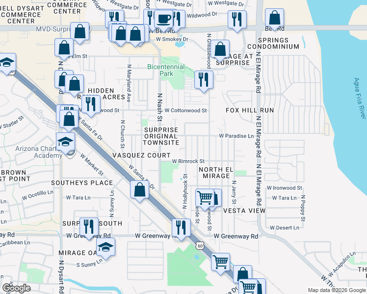 map of restaurants, bars, coffee shops, grocery stores, and more near in Surprise