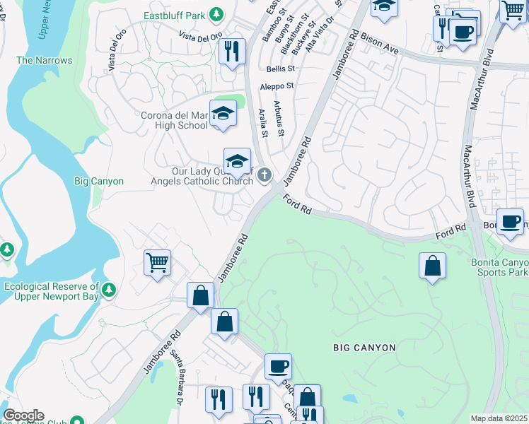 map of restaurants, bars, coffee shops, grocery stores, and more near 859 Amigos Way in Newport Beach