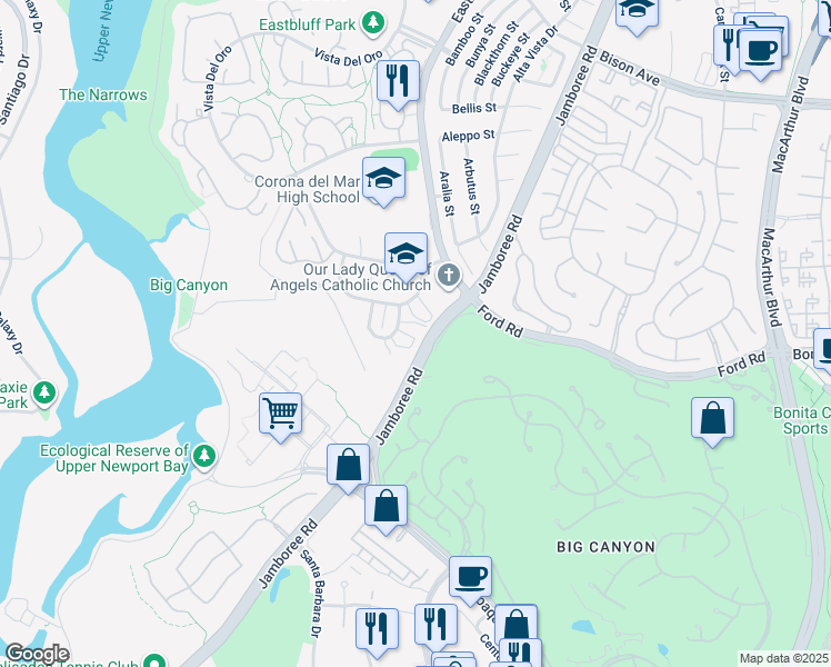 map of restaurants, bars, coffee shops, grocery stores, and more near 859 Amigos Way in Newport Beach