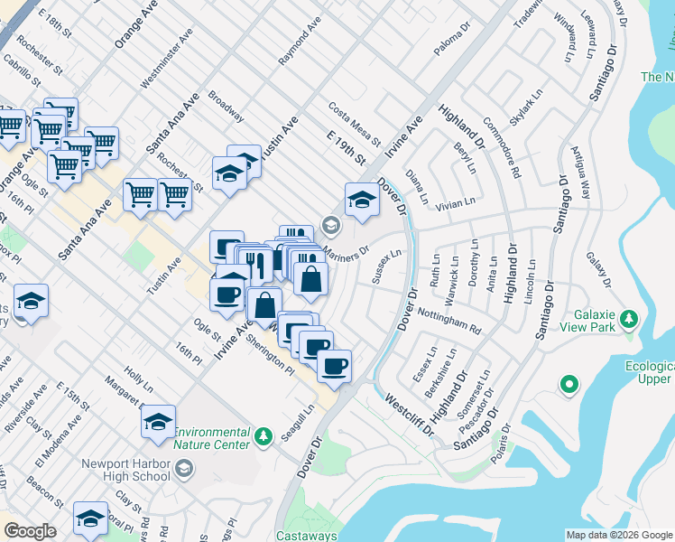 map of restaurants, bars, coffee shops, grocery stores, and more near 1256 Rutland Road in Newport Beach