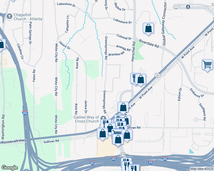 map of restaurants, bars, coffee shops, grocery stores, and more near 4616 Greensprings Road in College Park