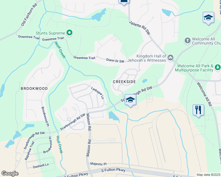 map of restaurants, bars, coffee shops, grocery stores, and more near 4677 Creekside Cove in Atlanta