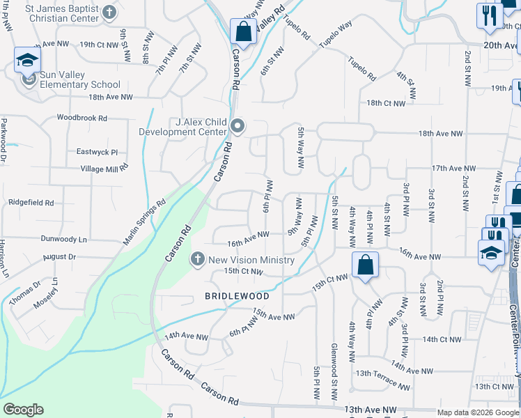map of restaurants, bars, coffee shops, grocery stores, and more near 1621 6th Way Northwest in Center Point