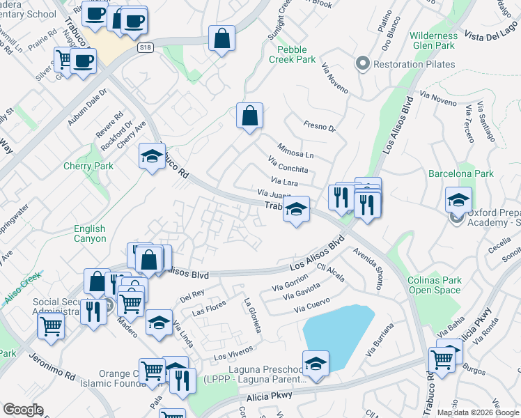 map of restaurants, bars, coffee shops, grocery stores, and more near 22922 Vía Nuez in Mission Viejo