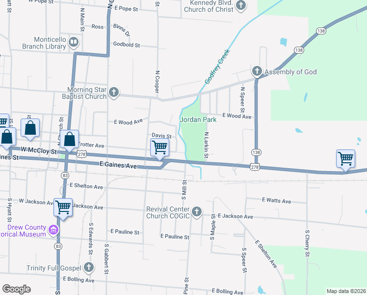 map of restaurants, bars, coffee shops, grocery stores, and more near 709 East Trotter Avenue in Monticello