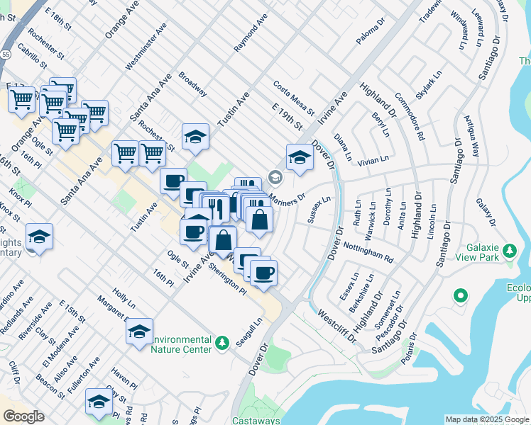 map of restaurants, bars, coffee shops, grocery stores, and more near 1200 Irvine Avenue in Newport Beach