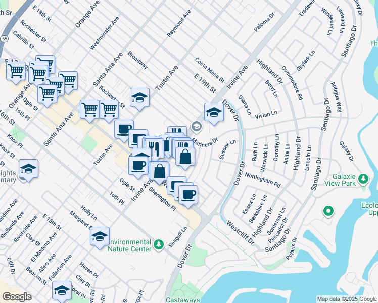 map of restaurants, bars, coffee shops, grocery stores, and more near 2141 Andover Lane in Newport Beach