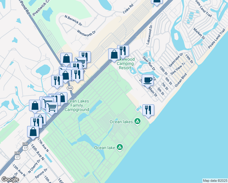 map of restaurants, bars, coffee shops, grocery stores, and more near 5216 Sandlake Court in Myrtle Beach