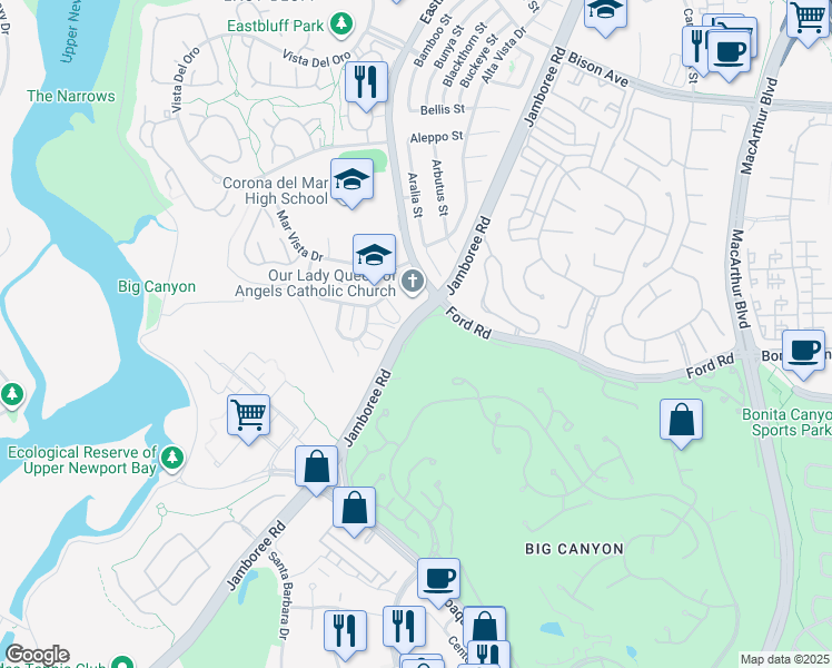 map of restaurants, bars, coffee shops, grocery stores, and more near 16 Sea Island Drive in Newport Beach
