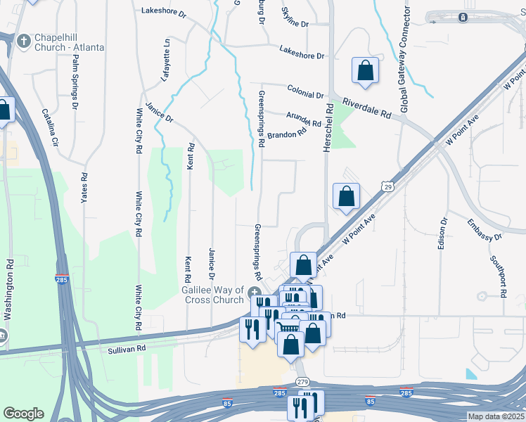 map of restaurants, bars, coffee shops, grocery stores, and more near 4616 Greensprings Road in College Park