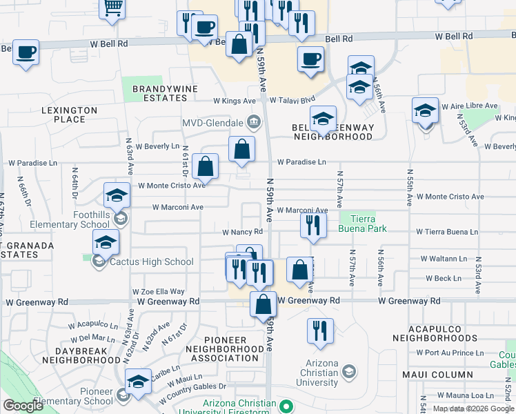 map of restaurants, bars, coffee shops, grocery stores, and more near 5909 W Kathleen Rd in Glendale