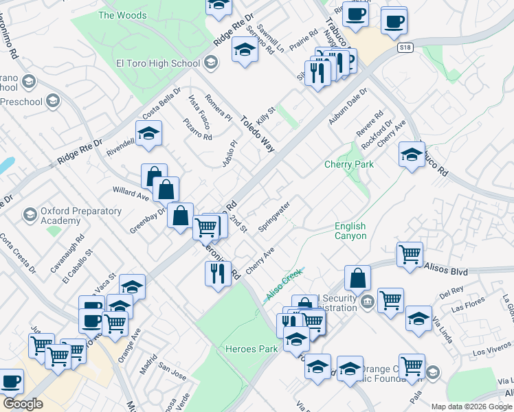 map of restaurants, bars, coffee shops, grocery stores, and more near 22941 Moonstone Lane in Lake Forest