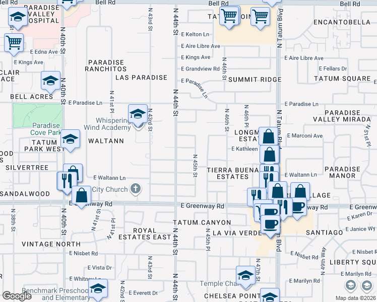 map of restaurants, bars, coffee shops, grocery stores, and more near 4425 East Kathleen Road in Phoenix