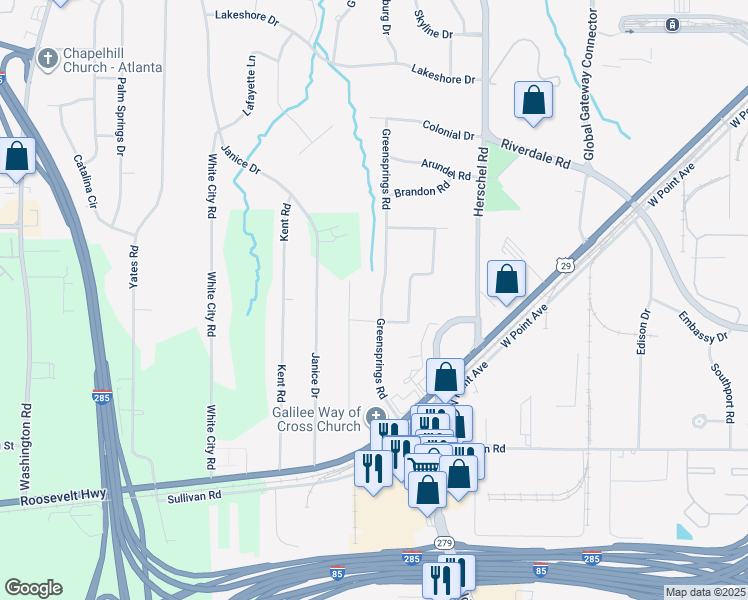 map of restaurants, bars, coffee shops, grocery stores, and more near 4615 Greensprings Road in College Park