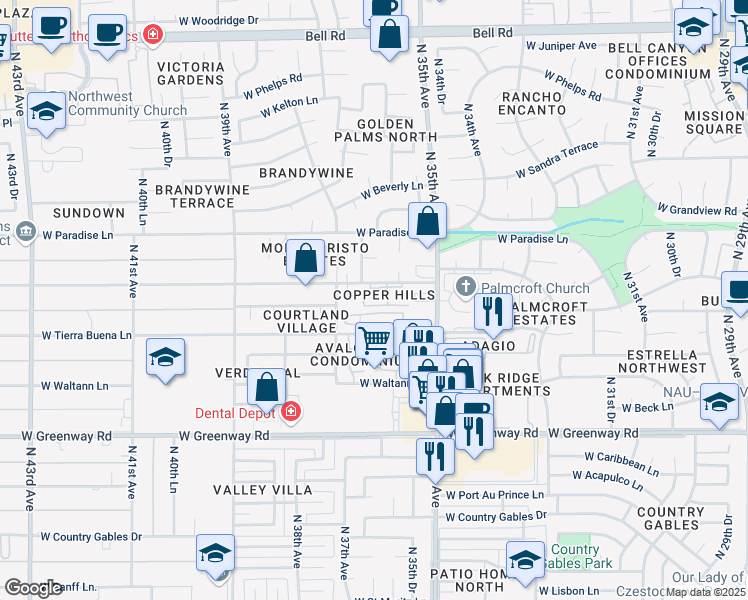 map of restaurants, bars, coffee shops, grocery stores, and more near 3535 West Monte Cristo Avenue in Phoenix