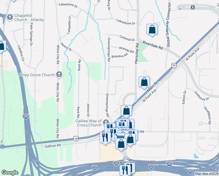 map of restaurants, bars, coffee shops, grocery stores, and more near 4615 Greensprings Road in College Park