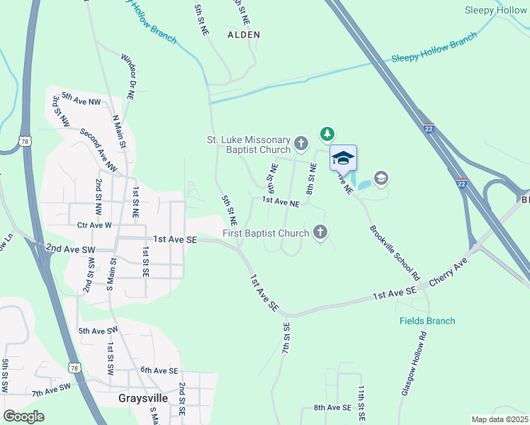 map of restaurants, bars, coffee shops, grocery stores, and more near 76 6th Street Northeast in Graysville