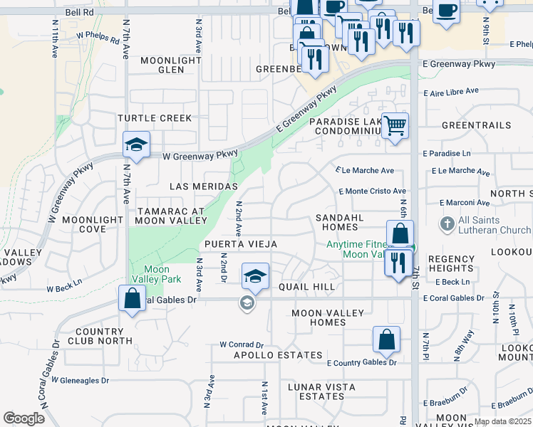 map of restaurants, bars, coffee shops, grocery stores, and more near 2 West Kathleen Road in Phoenix