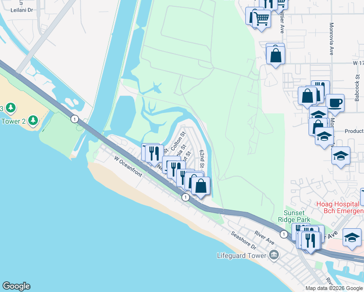 map of restaurants, bars, coffee shops, grocery stores, and more near 401 Lugonia Street in Newport Beach