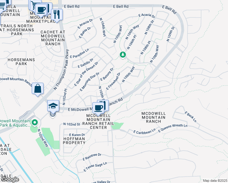 map of restaurants, bars, coffee shops, grocery stores, and more near 10555 East Salt Bush Drive in Scottsdale