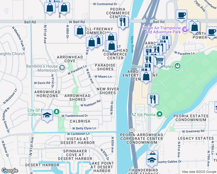 map of restaurants, bars, coffee shops, grocery stores, and more near 8638 West Fargo Drive in Peoria