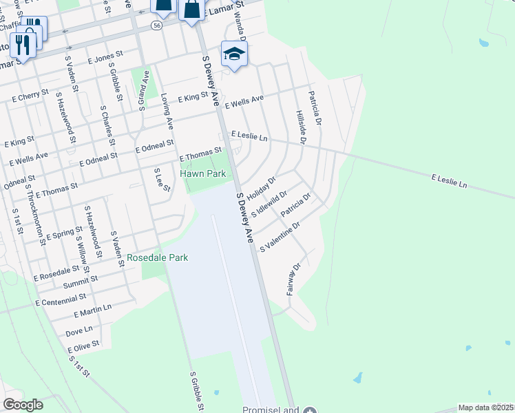 map of restaurants, bars, coffee shops, grocery stores, and more near 1108 S Idlewild Dr in Sherman