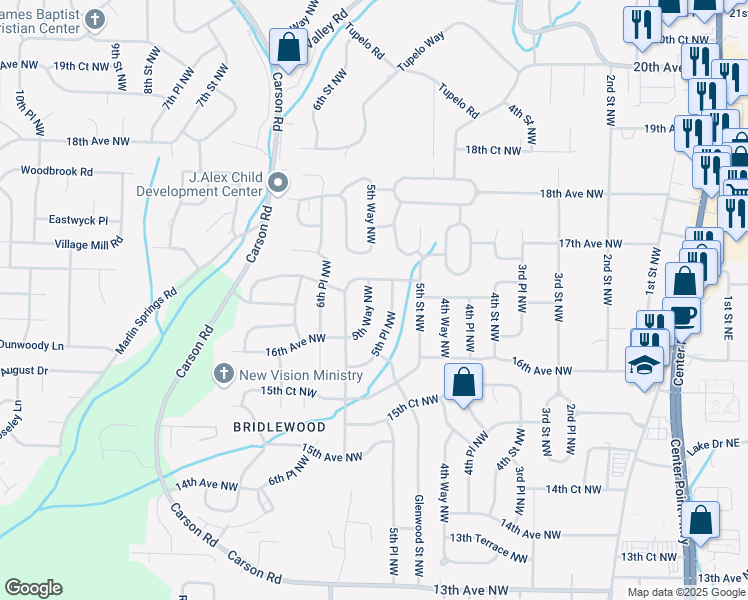map of restaurants, bars, coffee shops, grocery stores, and more near 1629 5th Way Northwest in Center Point
