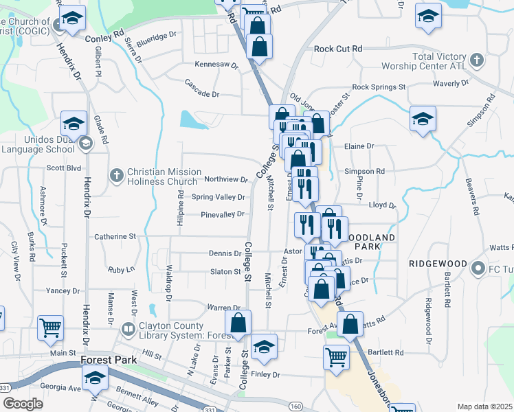 map of restaurants, bars, coffee shops, grocery stores, and more near 4566 College Street in Forest Park