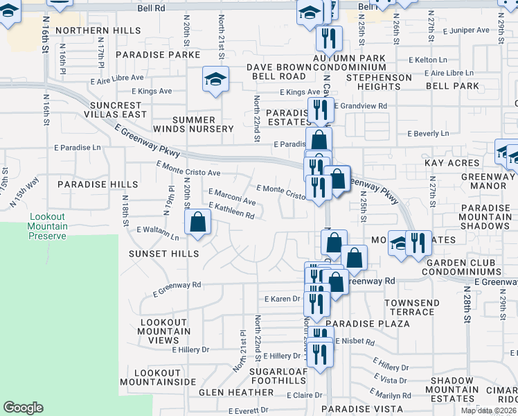 map of restaurants, bars, coffee shops, grocery stores, and more near 2227 East Marconi Avenue in Phoenix