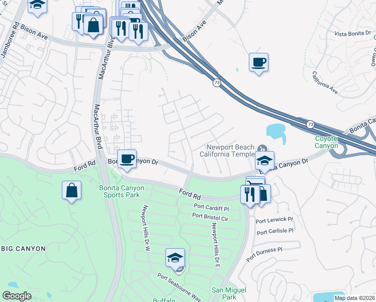 map of restaurants, bars, coffee shops, grocery stores, and more near 16 Regents in Newport Beach