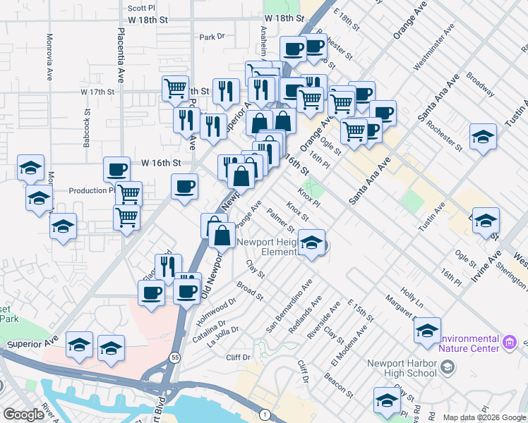 map of restaurants, bars, coffee shops, grocery stores, and more near 211 Palmer Street in Costa Mesa
