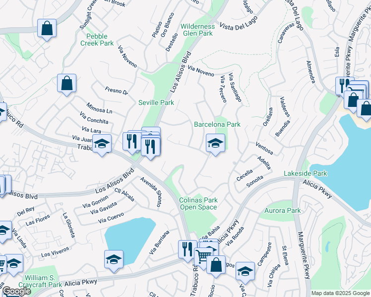 map of restaurants, bars, coffee shops, grocery stores, and more near 26862 Vía San Jose in Mission Viejo