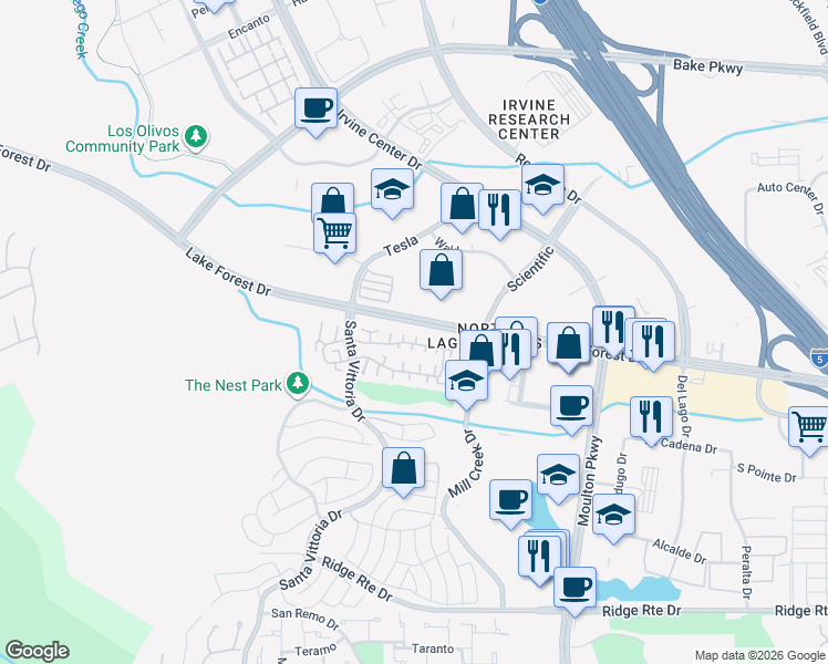 map of restaurants, bars, coffee shops, grocery stores, and more near 22881 Caminito Alto in Laguna Hills