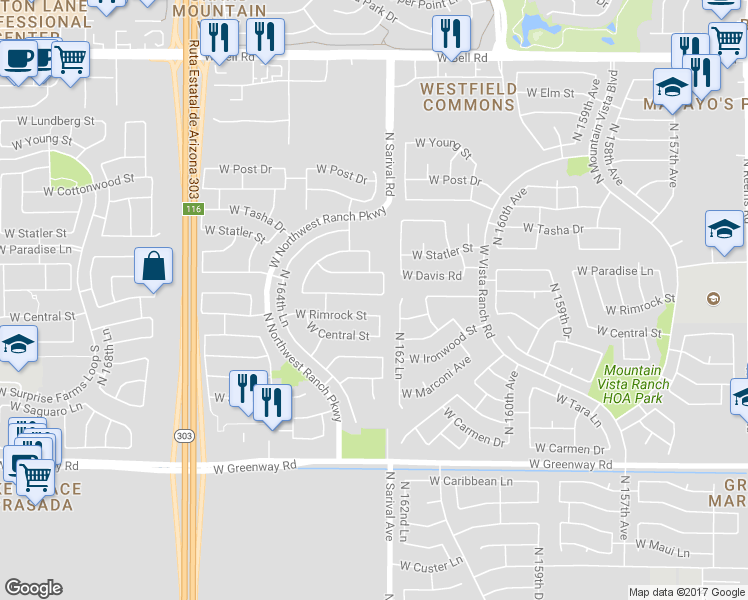 map of restaurants, bars, coffee shops, grocery stores, and more near 16323 West Monte Cristo Avenue in Surprise