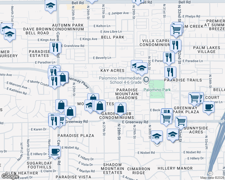 map of restaurants, bars, coffee shops, grocery stores, and more near 2725 East Tierra Buena Lane in Phoenix