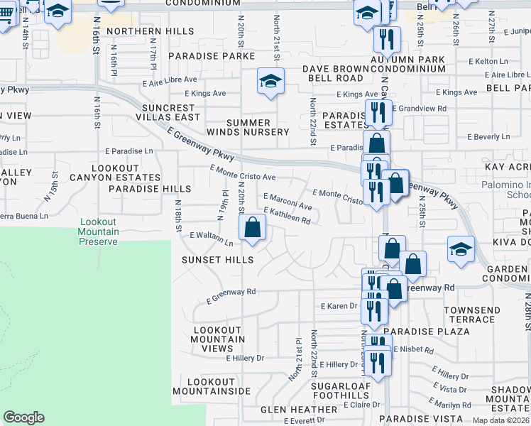 map of restaurants, bars, coffee shops, grocery stores, and more near 2033 East Kathleen Road in Phoenix
