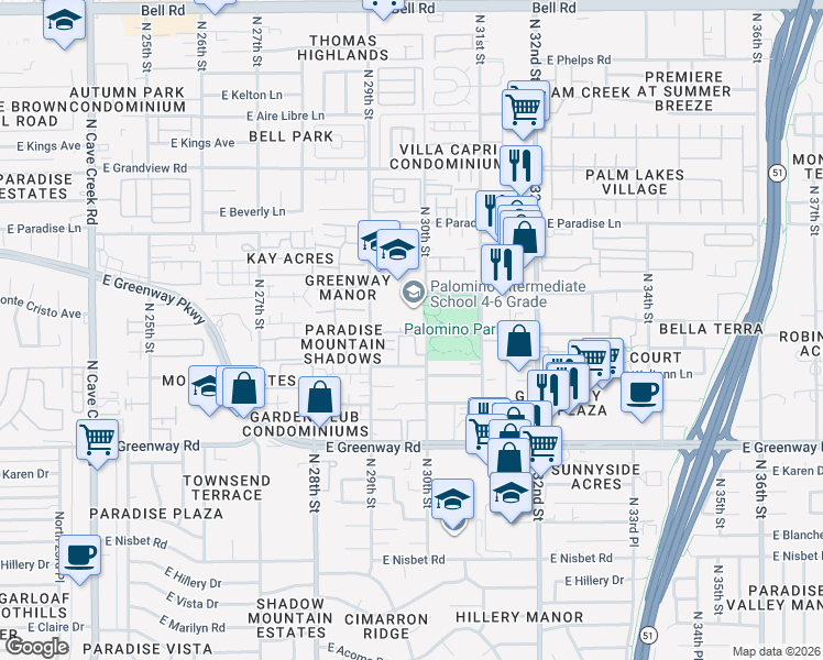 map of restaurants, bars, coffee shops, grocery stores, and more near 15650 North 29th Way in Phoenix