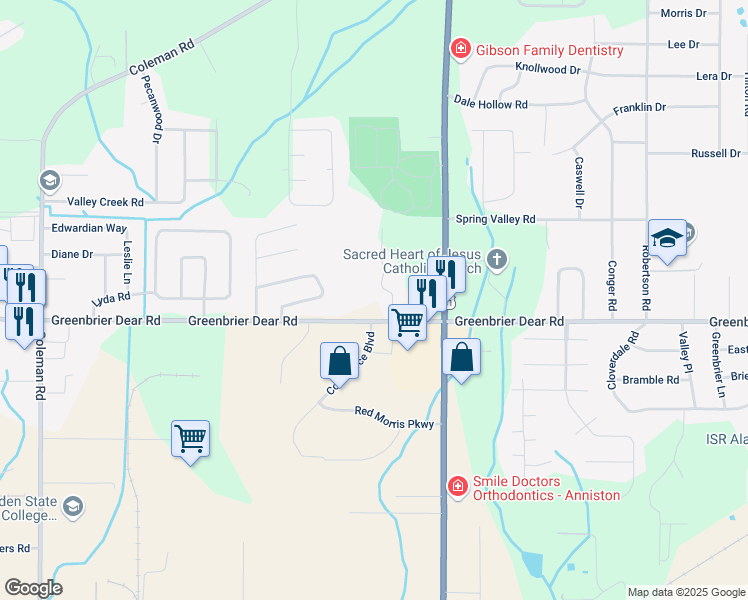 map of restaurants, bars, coffee shops, grocery stores, and more near 3425 Greenbrier Dear Road in Anniston
