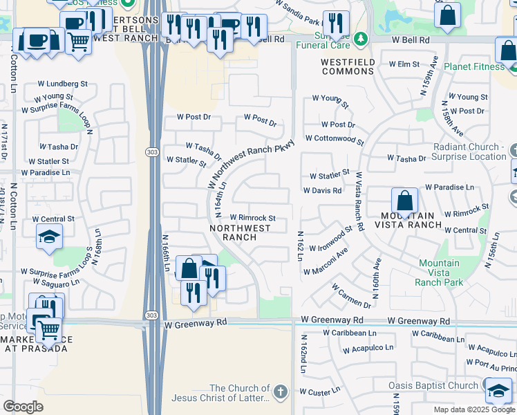 map of restaurants, bars, coffee shops, grocery stores, and more near 16387 West Monte Cristo Avenue in Surprise
