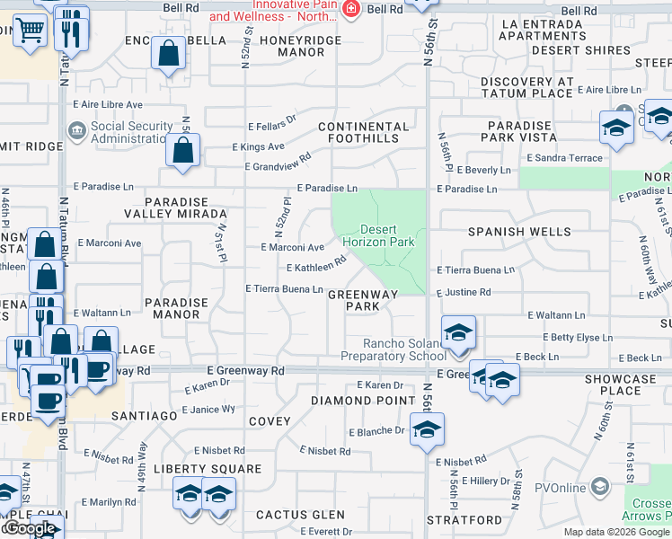 map of restaurants, bars, coffee shops, grocery stores, and more near 5409 East Kathleen Road in Scottsdale
