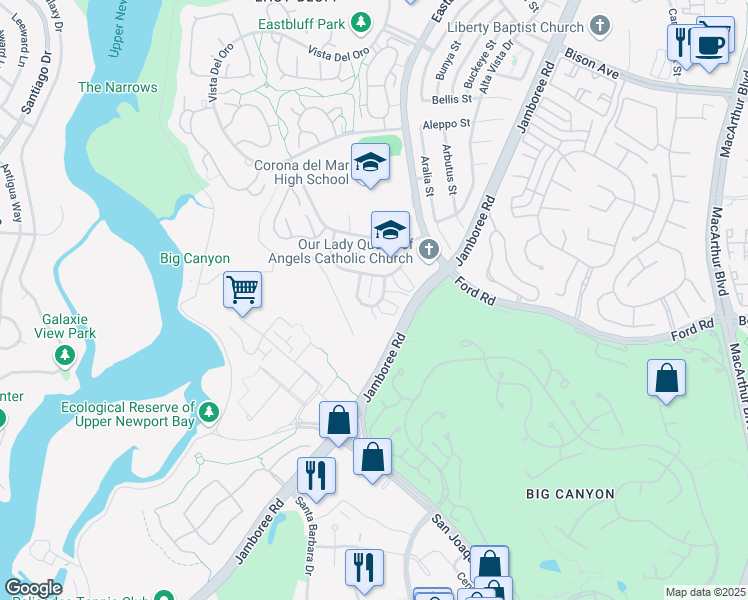 map of restaurants, bars, coffee shops, grocery stores, and more near 806 Amigos Way in Newport Beach