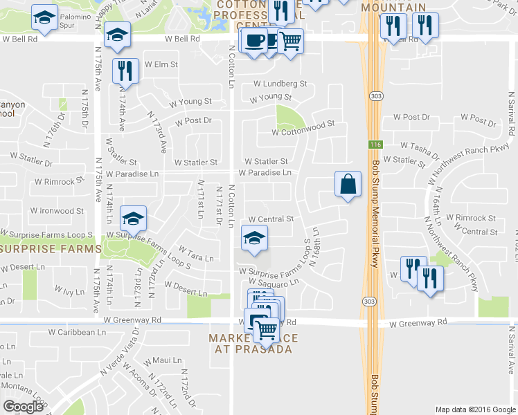 map of restaurants, bars, coffee shops, grocery stores, and more near 17033 West Central Street in Surprise