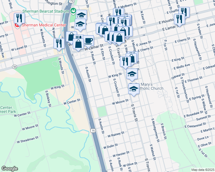 map of restaurants, bars, coffee shops, grocery stores, and more near 700 South Elm Street in Sherman