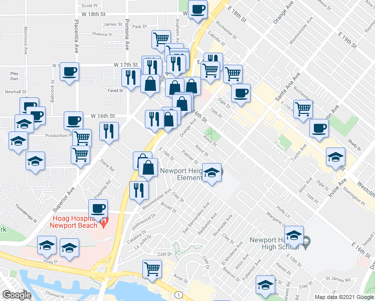 map of restaurants, bars, coffee shops, grocery stores, and more near 226 Palmer Street in Costa Mesa