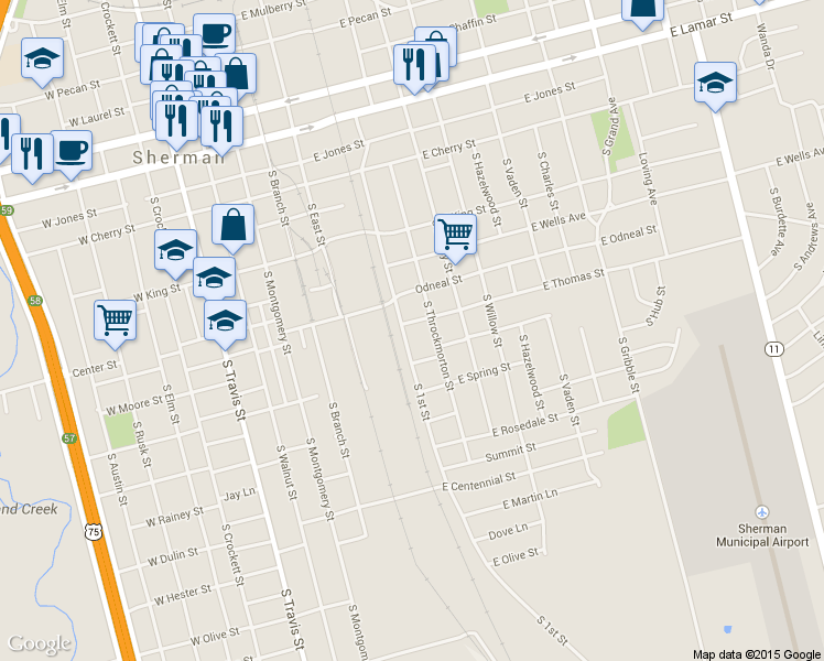 map of restaurants, bars, coffee shops, grocery stores, and more near 905 S 1st St in Sherman