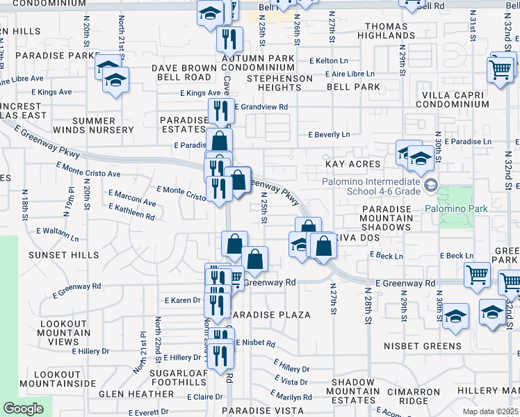 map of restaurants, bars, coffee shops, grocery stores, and more near 15818 North 25th Street in Phoenix