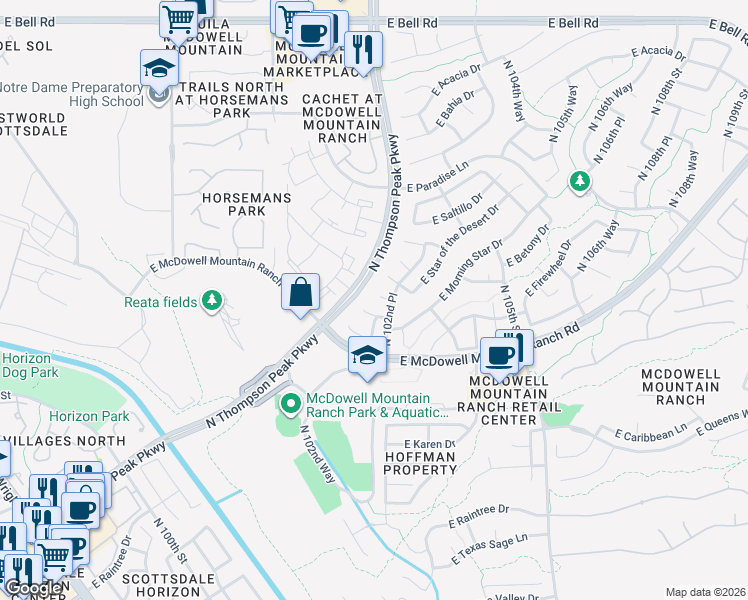 map of restaurants, bars, coffee shops, grocery stores, and more near 10215 East Salt Bush Drive in Scottsdale