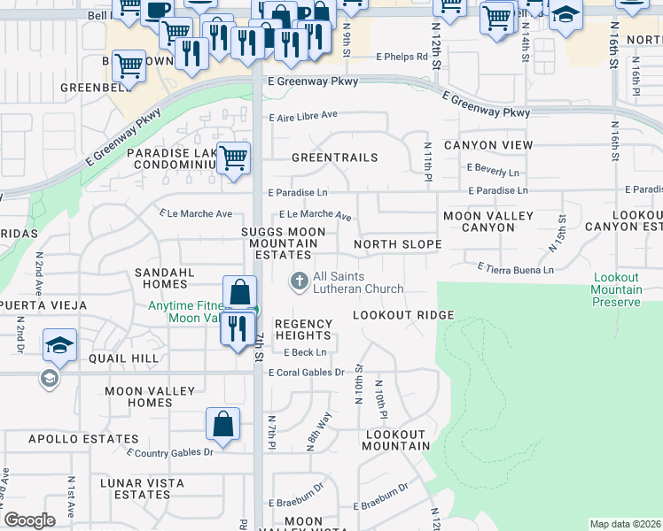 map of restaurants, bars, coffee shops, grocery stores, and more near 15814 North 9th Place in Phoenix